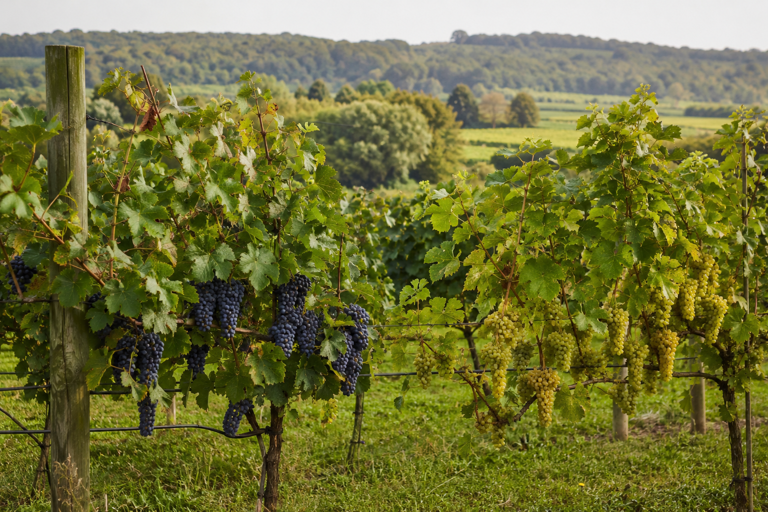 Dark and white wine grapes growing on neighboring vines in a Brandywine Valley vineyard